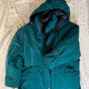 Vintage down long puffer coat, teal, size unknown, feels like a large; nylon